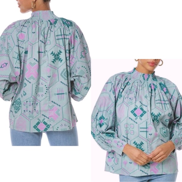 SHERIDAN FRENCH Becca Blouse Preppy Top w Puff Long Sleeves Ruffle Smocked Neck - Picture 1 of 16